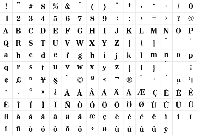 Wichita-Serial DB Bold  glyph index