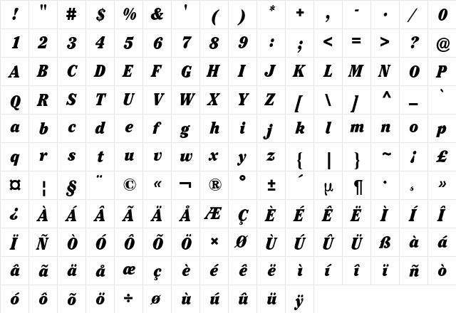 Cheltenham ITC BQ Regular  glyph index