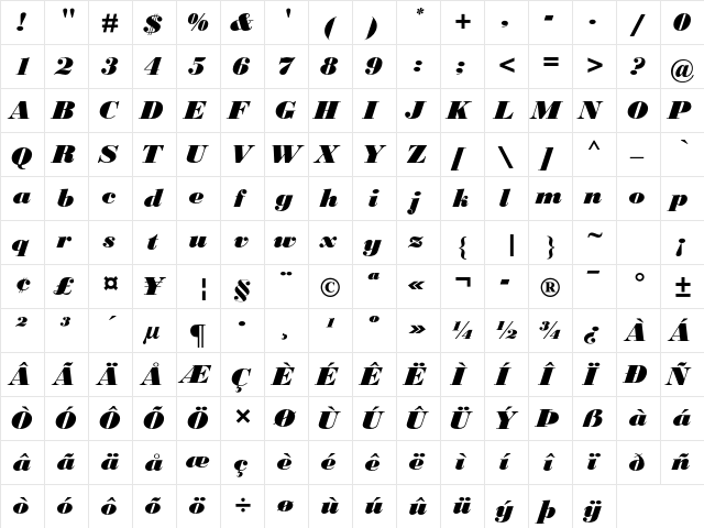 Bodoni MT Std Black Italic  glyph index