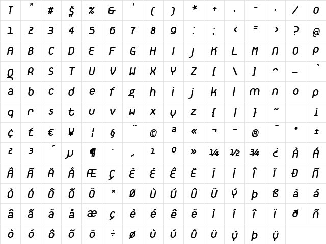 TantalusAlternativeBoldItalic Regular  glyph index