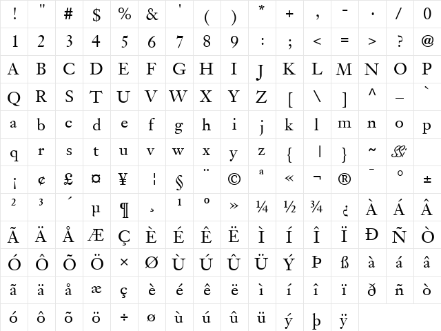 Janson SSi Regular  glyph index