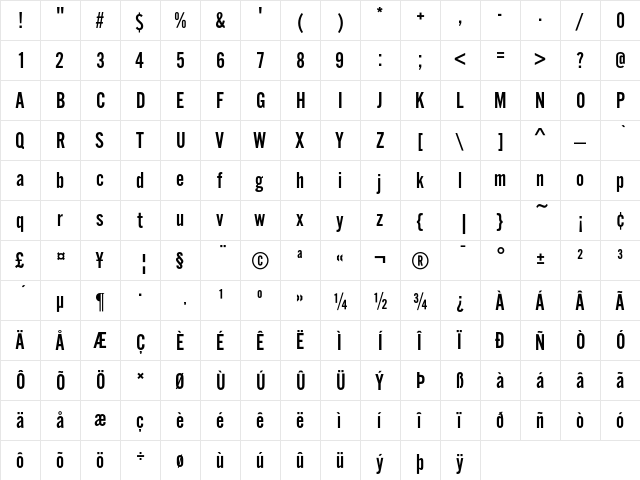 AlternateGothicEF NoTwo  glyph index