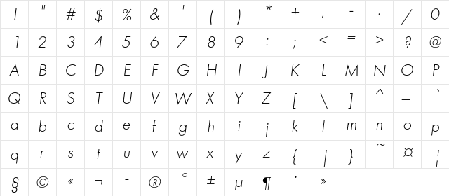 FuturaLightC Italic  glyph index