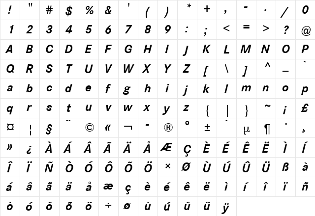 Corporate S BQ Bold Italic  glyph index