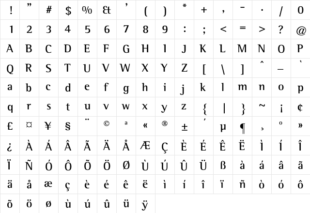 Rotary Regular  glyph index