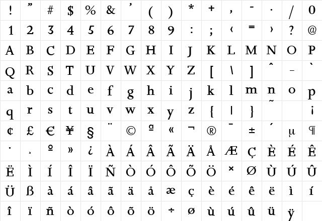 JessicaSerial-Medium Regular  glyph index