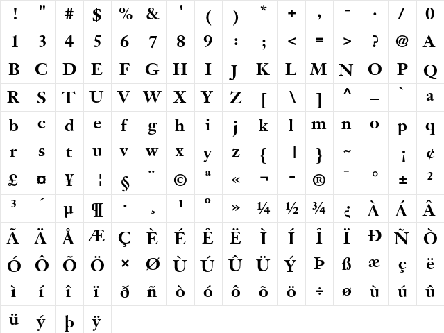 Janson Text LT Std 75 Bold  glyph index