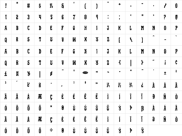 Black Gunk Staggered Regular  glyph index