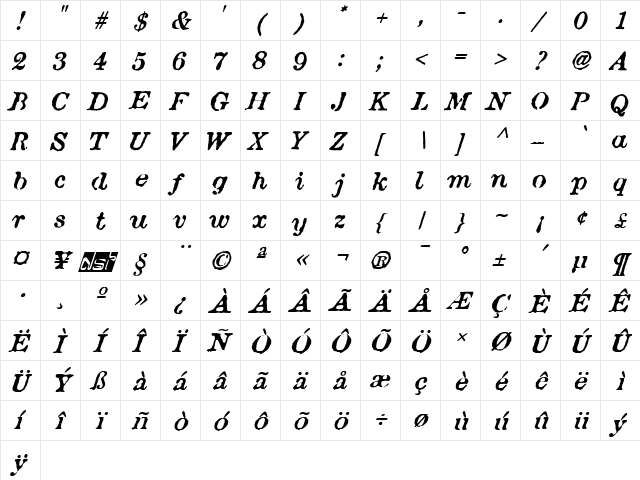 AtticAntique Regular  glyph index