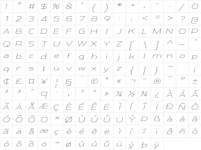 Athabasca Expanded ExtraLight Italic  glyph index