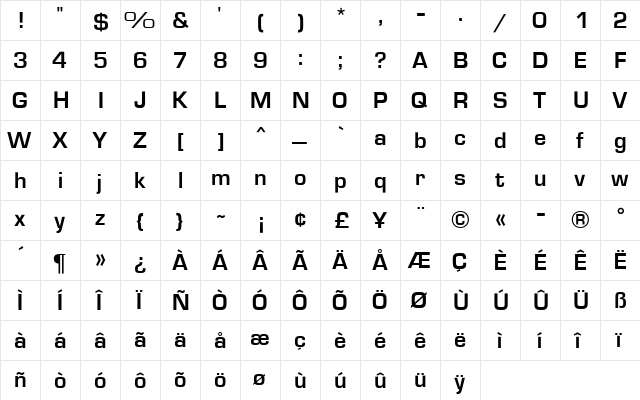 Eurostile MN Medium  glyph index