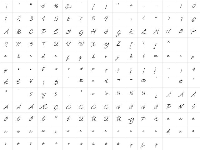 Shimmer Regular  glyph index