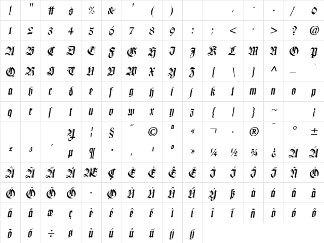 Ranch Oblique  glyph index