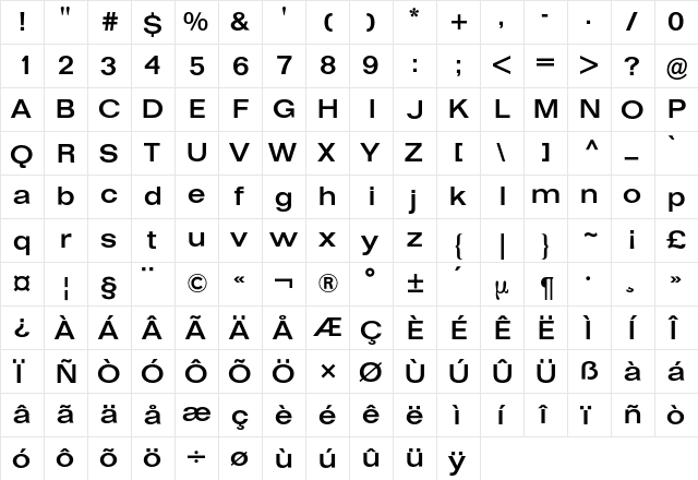 Folio BQ Regular  glyph index