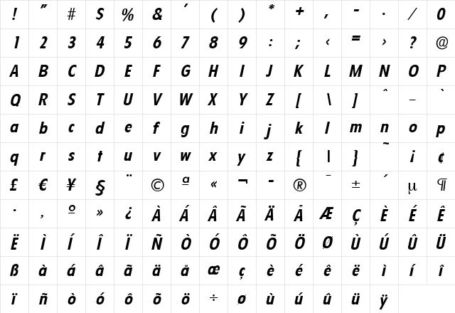 LuisBecker Bold Italic  glyph index