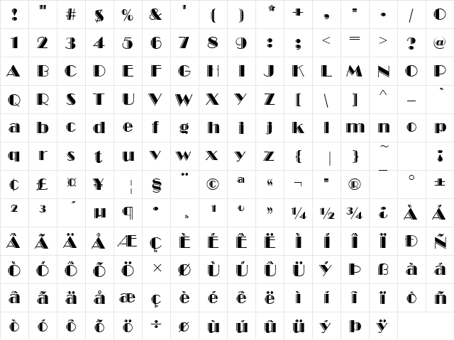 Broadway Becker Eng Regular  glyph index