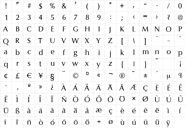 ColumbiaSerial Regular  glyph index