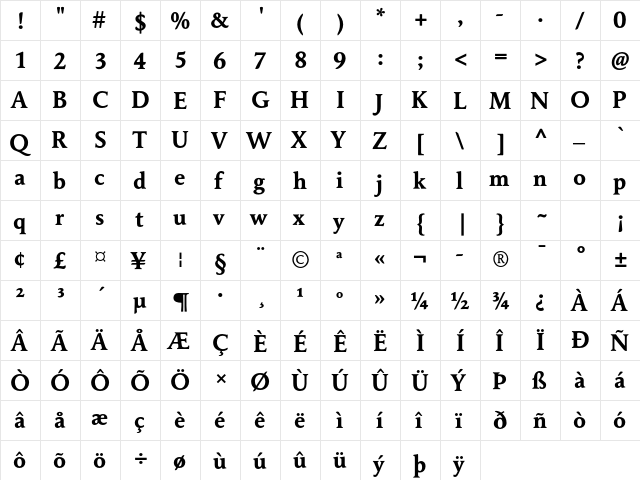 Maxime Std Bold  glyph index