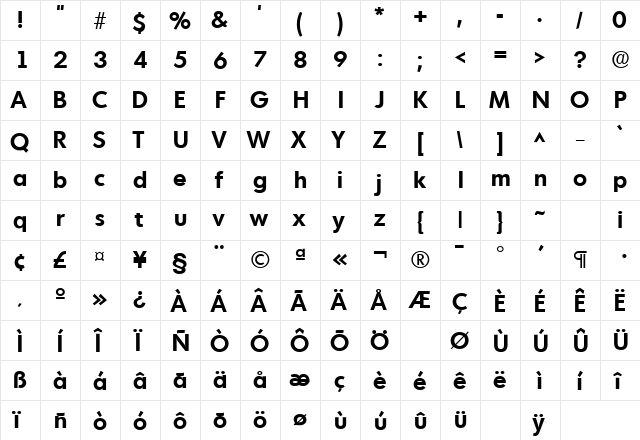 MontrealLH Bold  glyph index