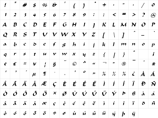 Flat Brush Wide Italic  glyph index