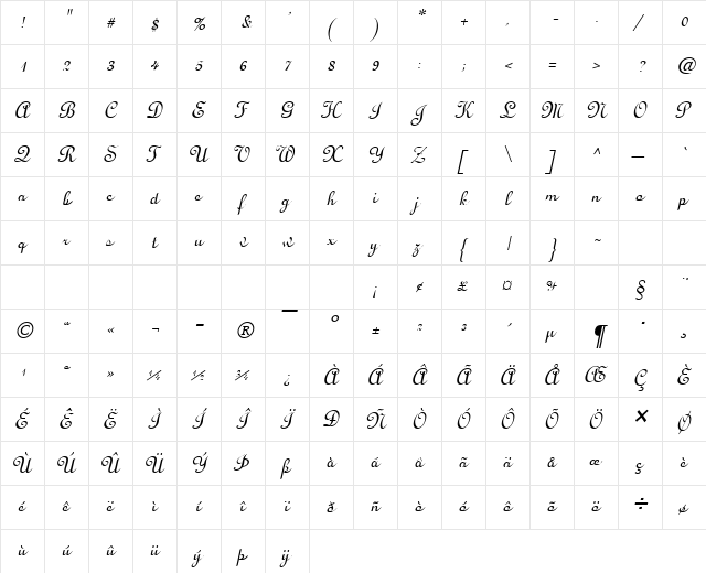 Lucy Italic  glyph index