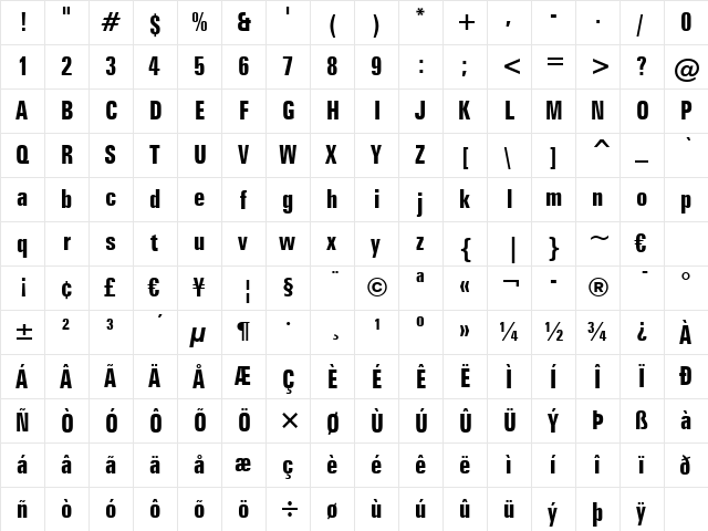 Zurich BdXCn BT Bold  glyph index