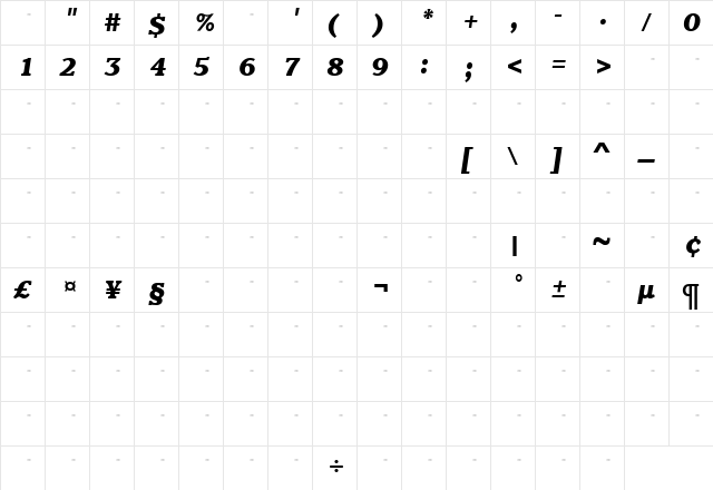 ClaremontExBoldItalTab Roman  glyph index