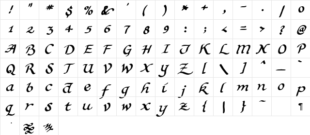 Calligrapher 2 Regular  glyph index