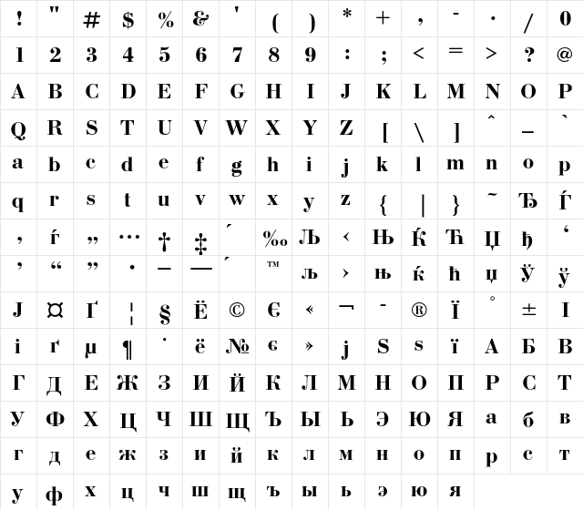 BodoniC Regular  glyph index