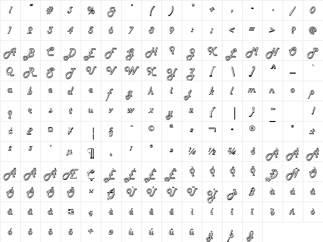Harlow Regular  glyph index