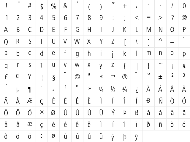 Frutiger 47 Light Condensed  glyph index