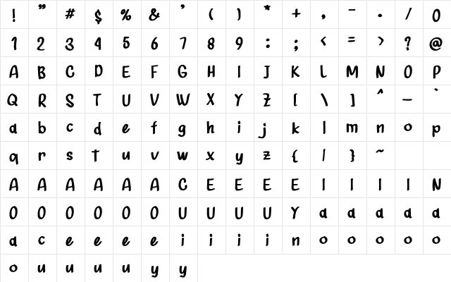 Shunshise Regular  glyph index