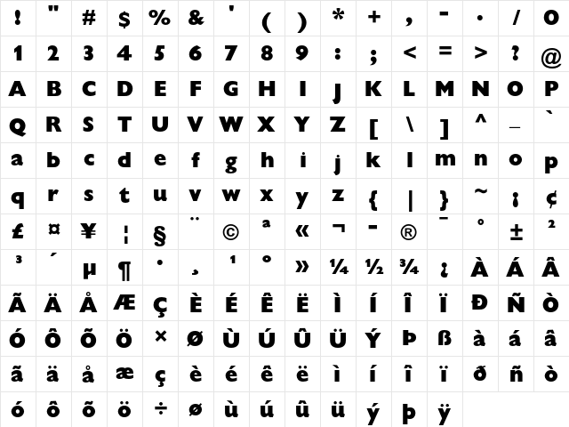 Gill Sans Extra Bold Display  glyph index
