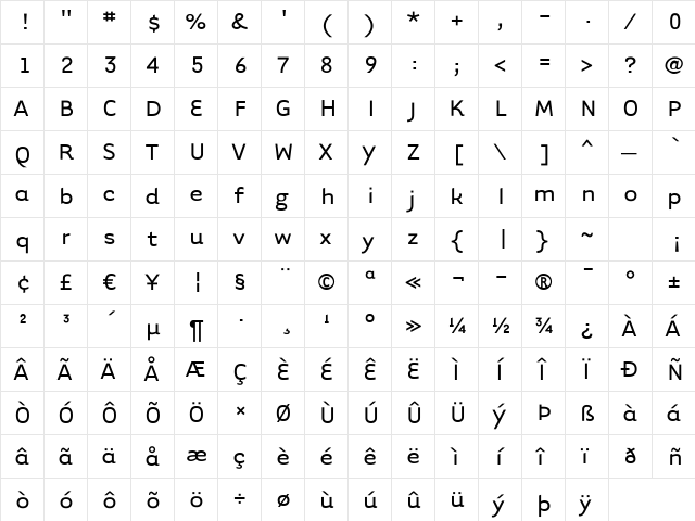 TarzanaWide Roman  glyph index