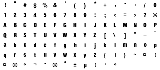 AGLettericaDemiCondensedC Regular  glyph index