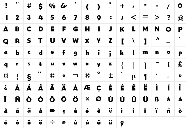 Bernhard Gothic BQ Regular  glyph index