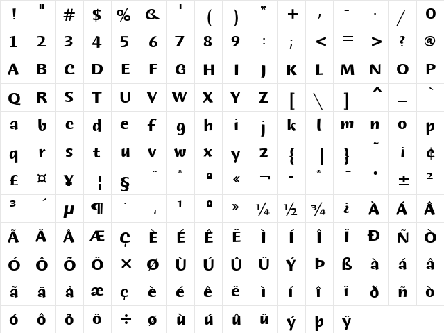 Humana Sans ITC Bold  glyph index