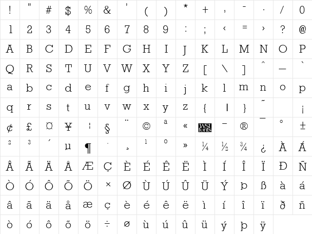 RockneyLight Regular  glyph index