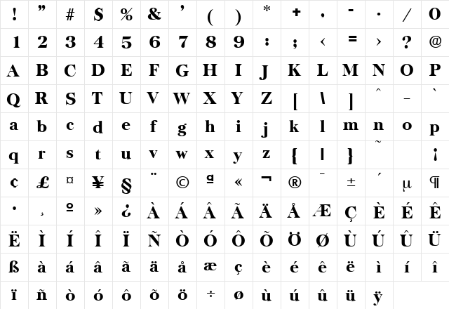 Baskerville-Serial-Heavy Regular  glyph index