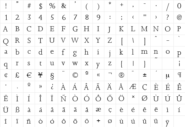 JessicaSerial-Light Regular  glyph index