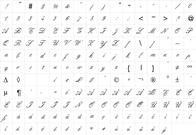 ElegantHandOne DB Regular  glyph index