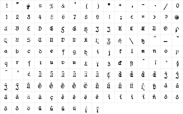 F25 BlackletterTypewriter Regular  glyph index
