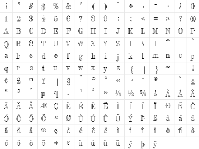 Torino Outline Regular  glyph index