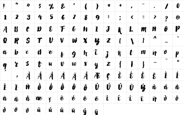 AlexDirte Brush Font Regular  glyph index