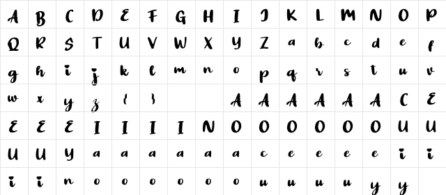 Amilo Regular  glyph index