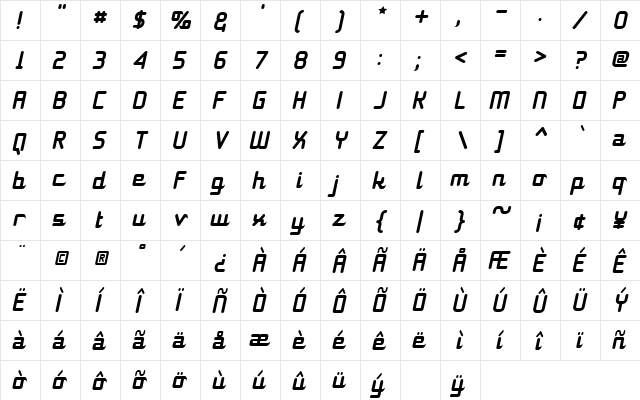 11S01 Black Tuesday Italic Regular  glyph index