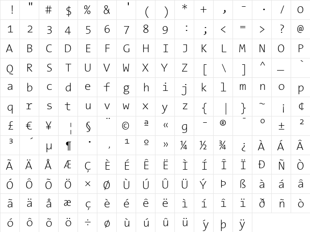 TheSans Mono ExtraLight  glyph index