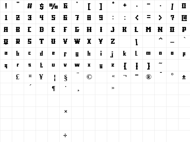 KLOCK Bold  glyph index