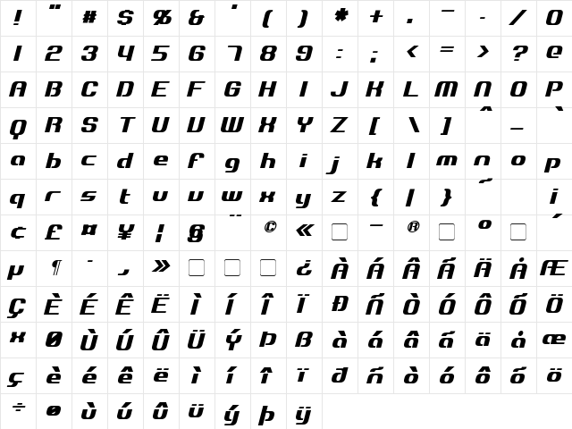 Explorien Italic  glyph index