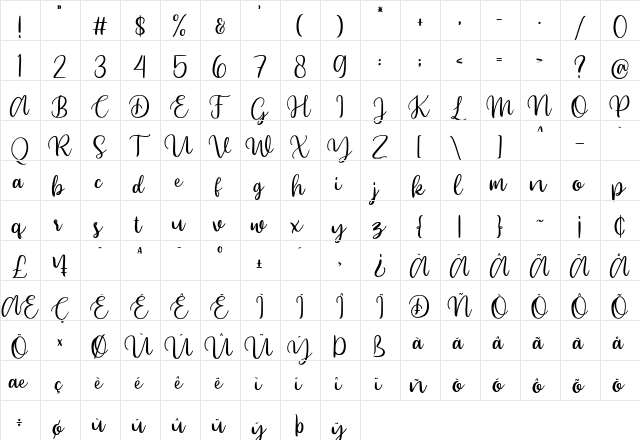 Beyonce Regular  glyph index